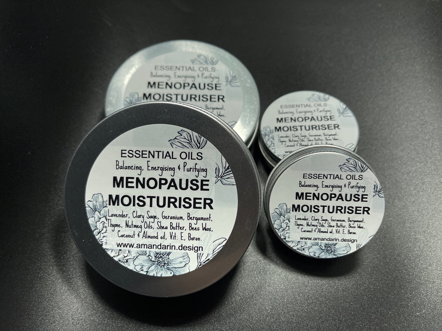 MenoMode menopause essential oil moisturizer tins with essential oils for balancing energizing and purifying skin