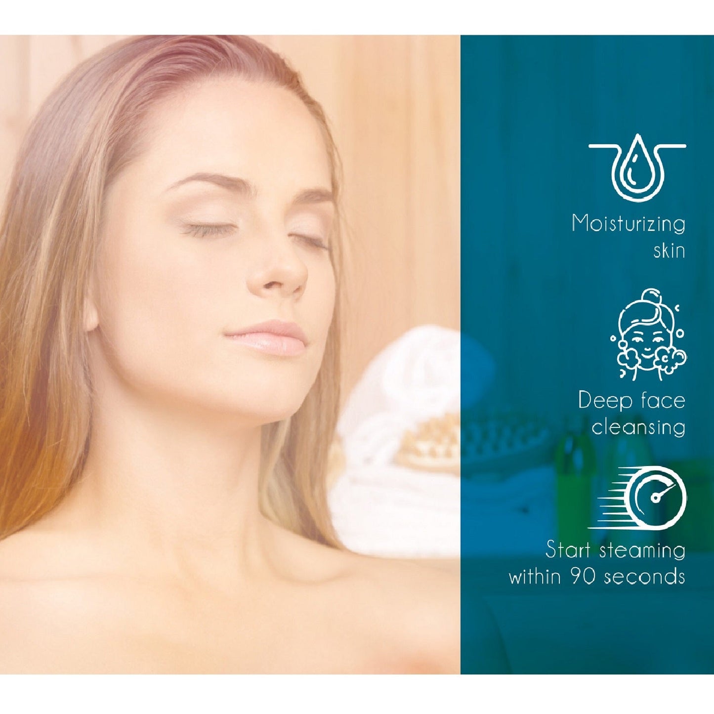Woman relaxing with eyes closed using DC-PURSONIC home spa skincare device for moisturizing skin and deep face cleansing