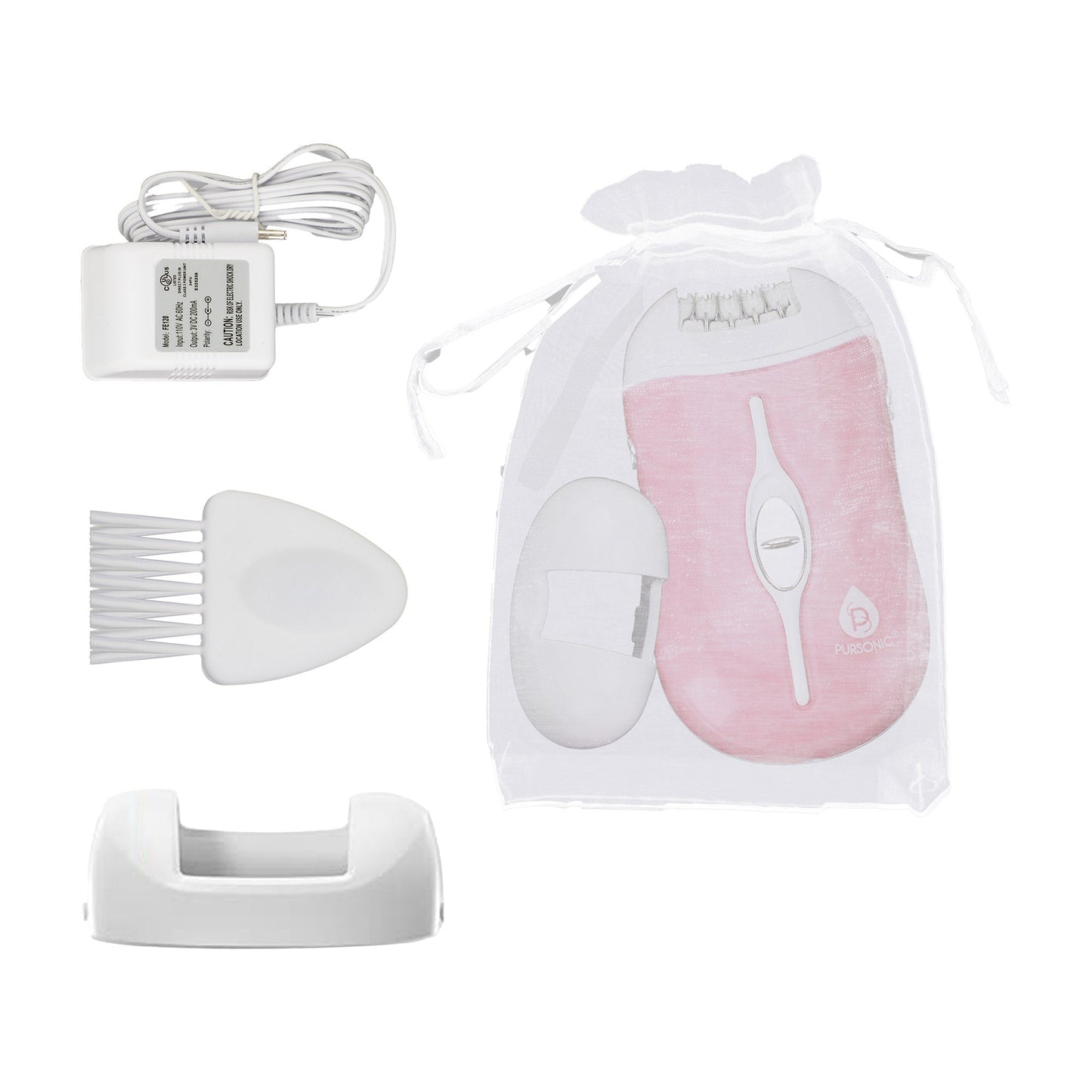 DC-PURSONIC rechargeable epilator for women in pink with charger comb and storage pouch