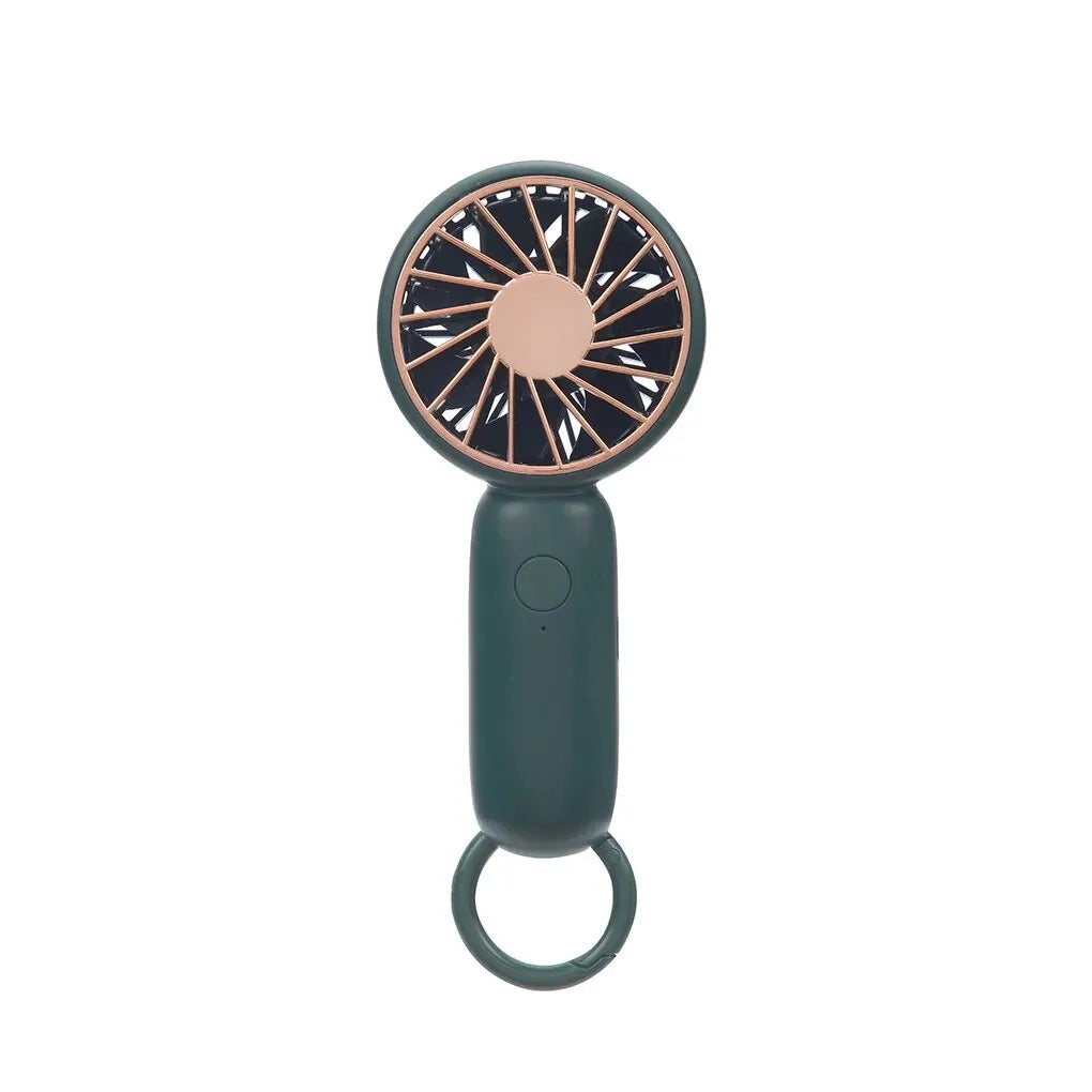 MenoMode rechargeable mini handheld fan in dark green with rose gold accents and ring handle