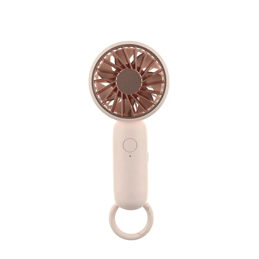 MenoMode rechargeable mini handheld fan in white with rose gold blades and a circular handle