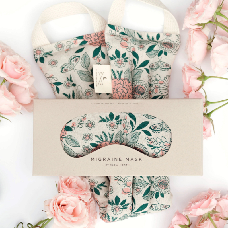 Floral migraine mask by DC-Slow North designed as perimenopause sleep aids with matching fabric and pink roses