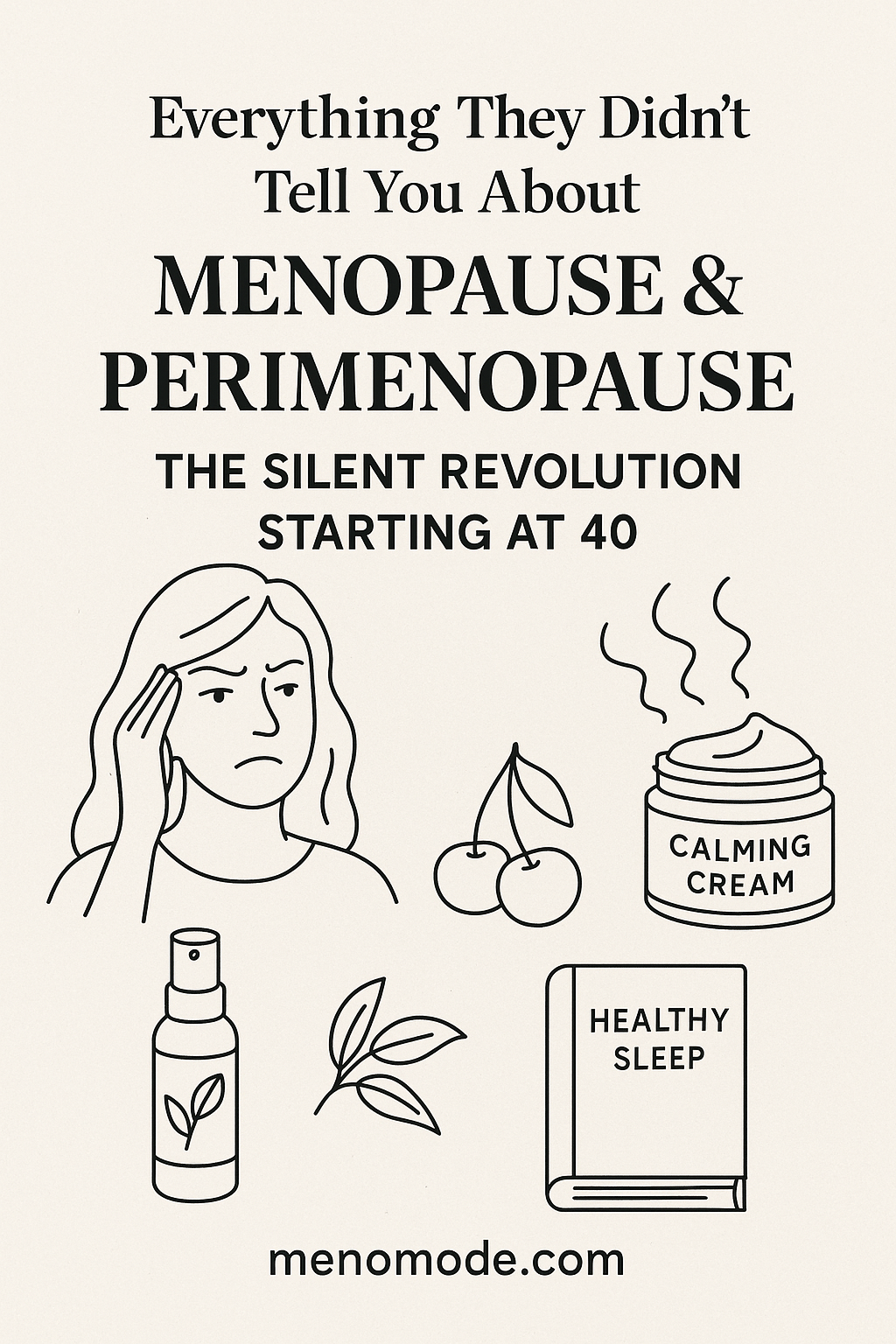 Informative graphic about menopause and perimenopause symptoms in your 40s with calming cream and healthy sleep tips
