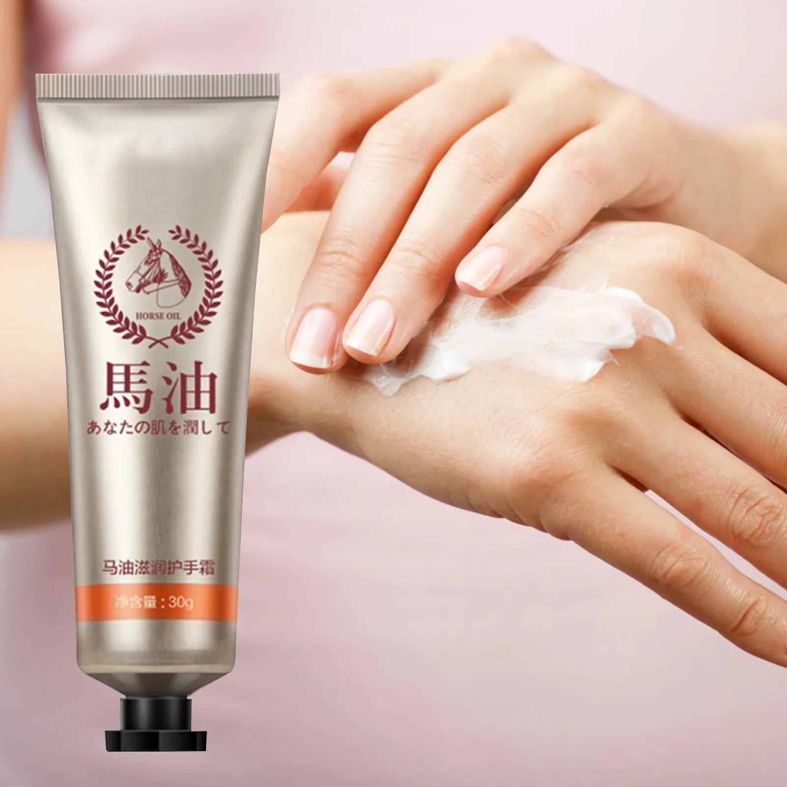 MenoMode repair hand cream for menopause applied on hands with tube showing horse oil branding