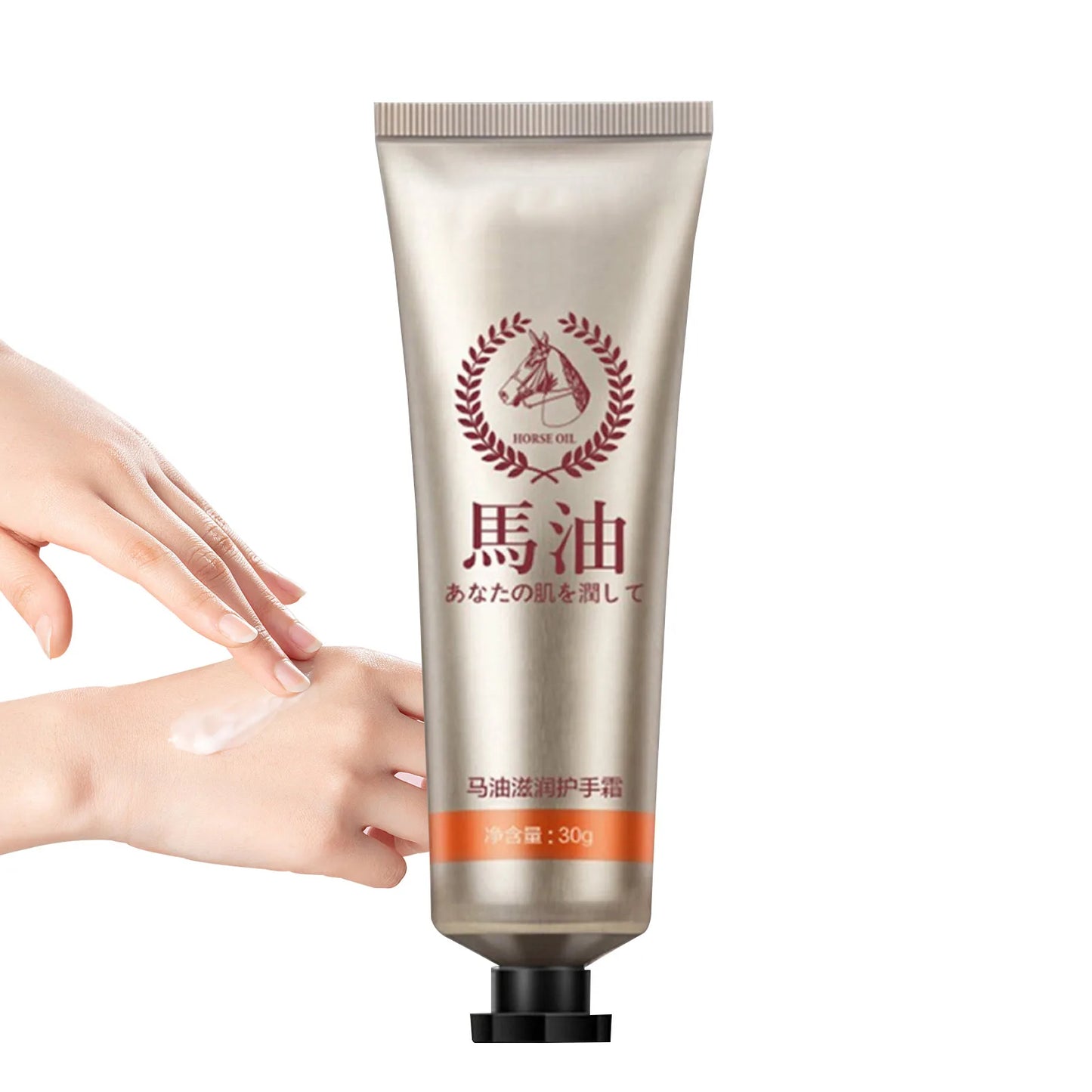 MenoMode repair hand cream for menopause in a silver tube with horse oil, applied on hands