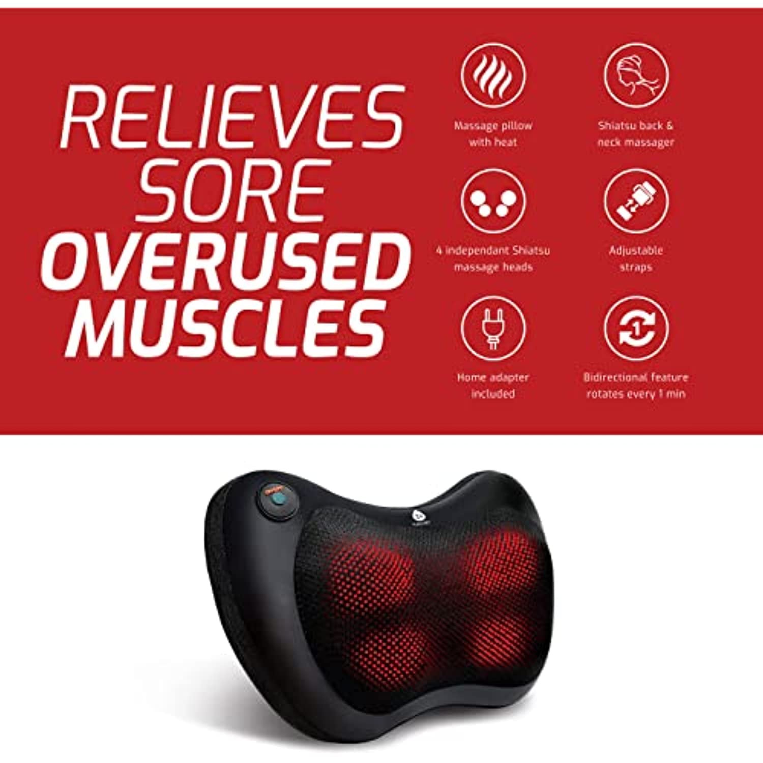 DC-PURSONIC shiatsu neck and back massager with heat, adjustable straps, and 4 massage heads for sore muscles