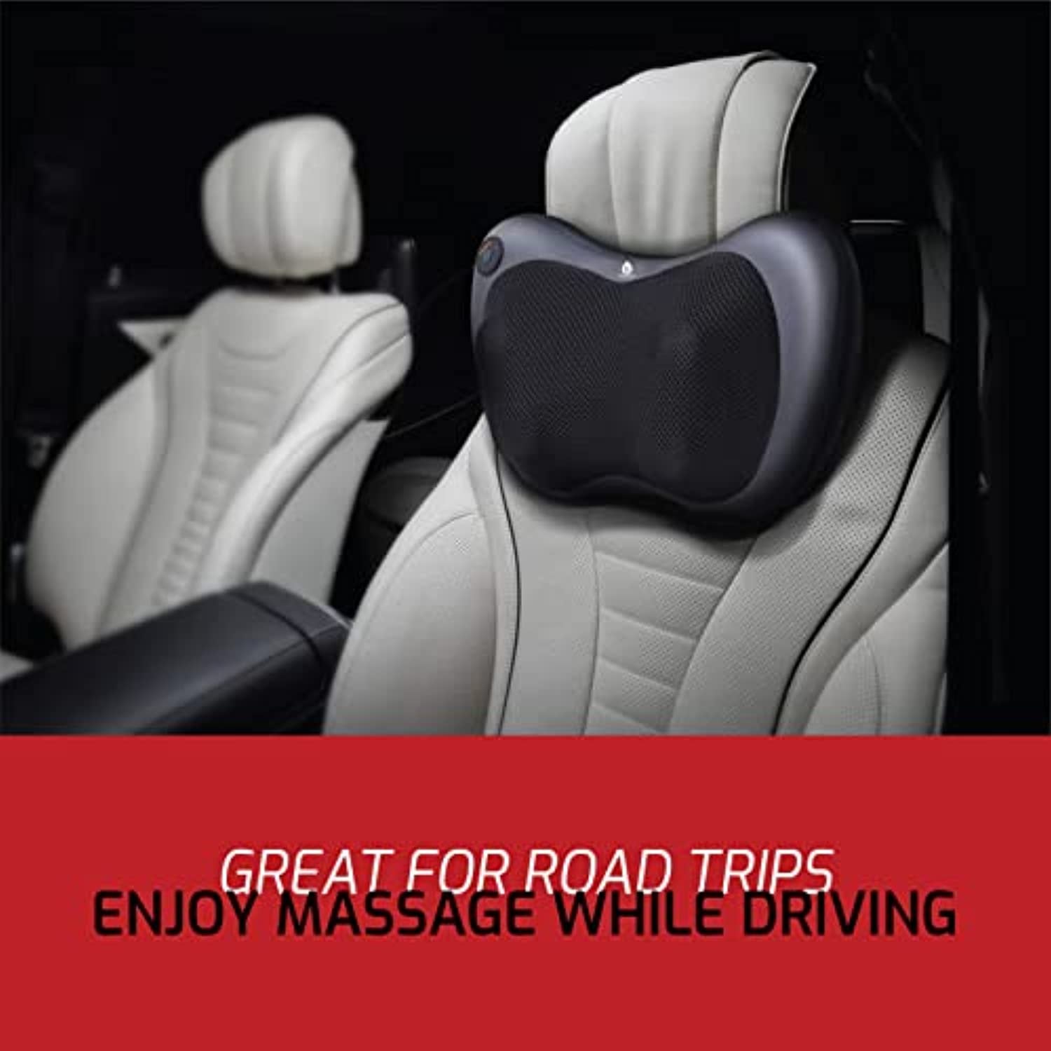 DC-PURSONIC Shiatsu neck and back massager attached to car seat headrest for use during road trips