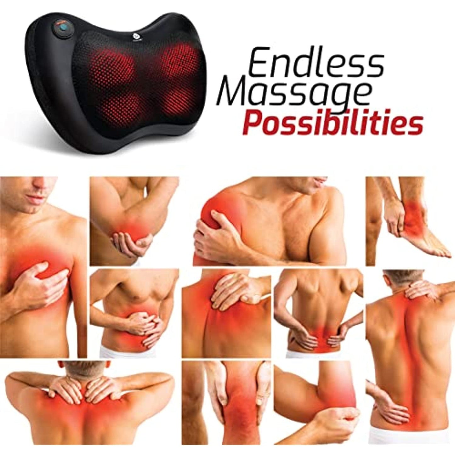 DC-PURSONIC Shiatsu neck and back massager with red heated nodes for pain relief on various body areas