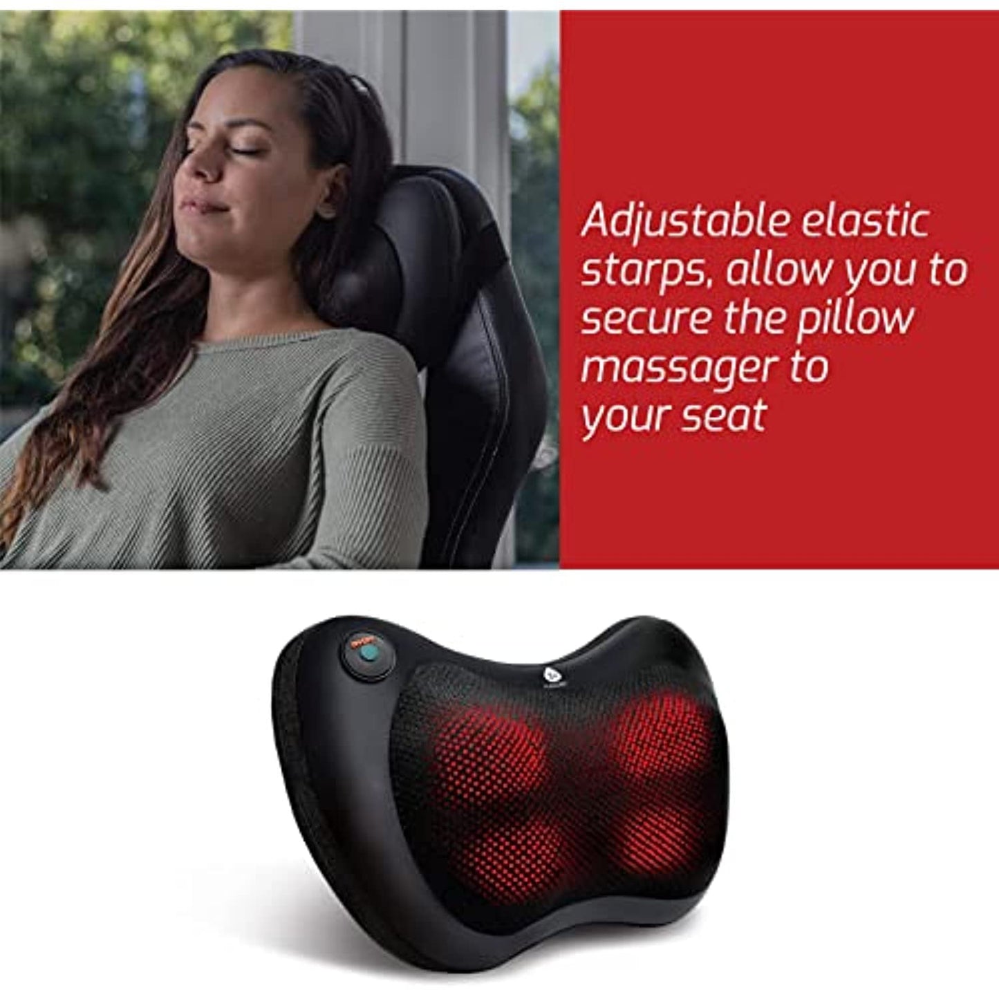 DC-PURSONIC Shiatsu neck and back massager pillow with adjustable elastic straps to secure to seat