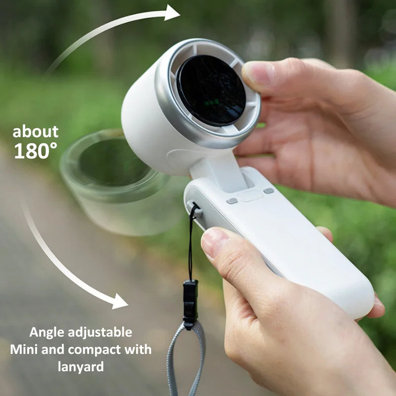MenoMode compact fan for hot flashes with adjustable 180 degree angle and lanyard in white