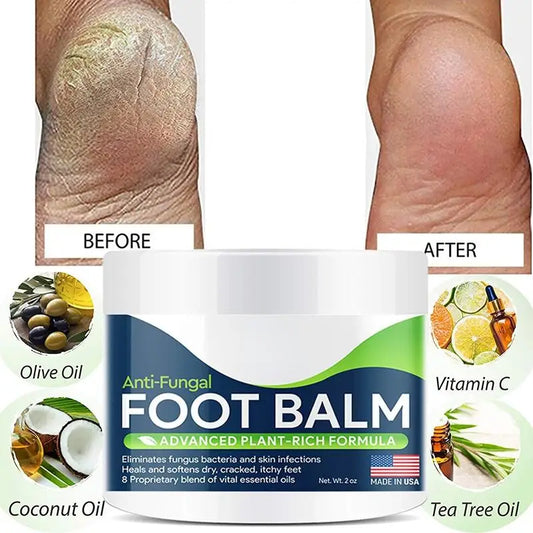 Natural foot balm for dry skin by MenoMode showing before and after results with olive oil coconut oil vitamin C and tea tree oil