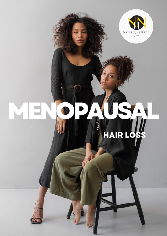 Two women with natural curly hair promoting hair care for menopause to address menopausal hair loss