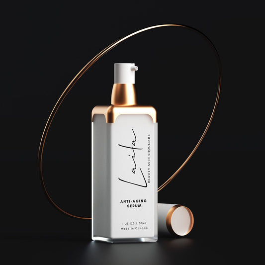 Laila anti-aging serum bottle with gold accents representing the best skincare for perimenopause