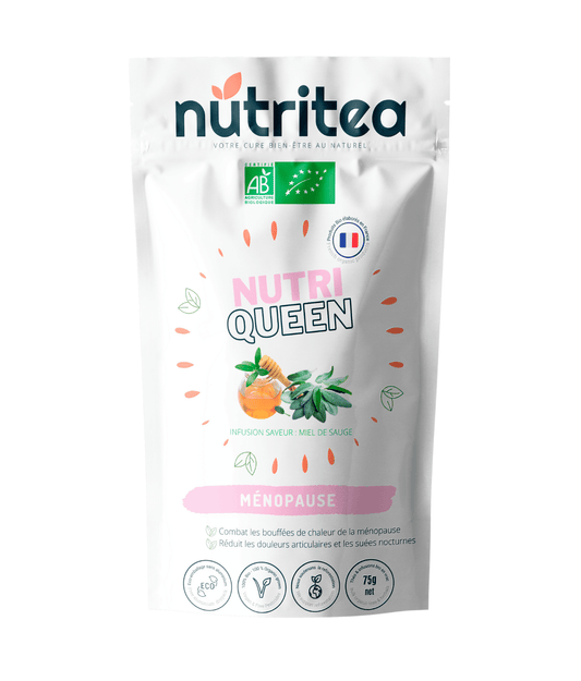 Nutritea herbal tea for menopause symptoms in white packaging labeled Nutri Queen with honey and sage flavor