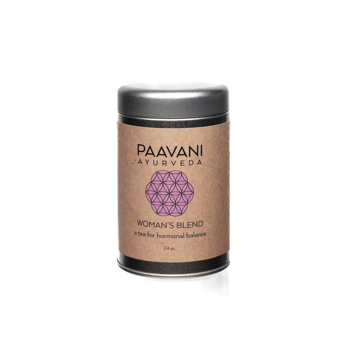Paavani Ayurveda Woman's Blend ayurvedic tea for hormonal balance in a metal tin container