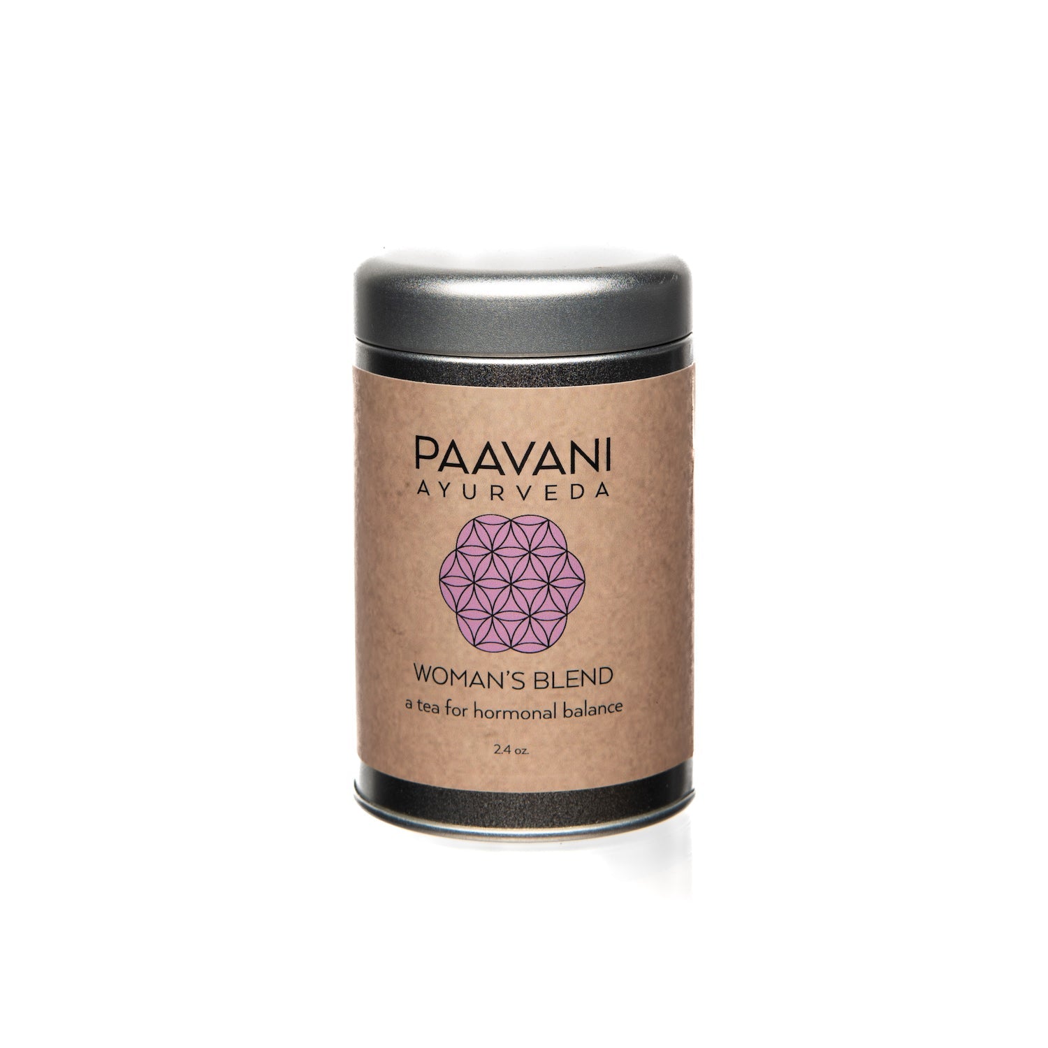Paavani Ayurveda Woman's Blend ayurvedic tea for hormonal balance in a metal tin container