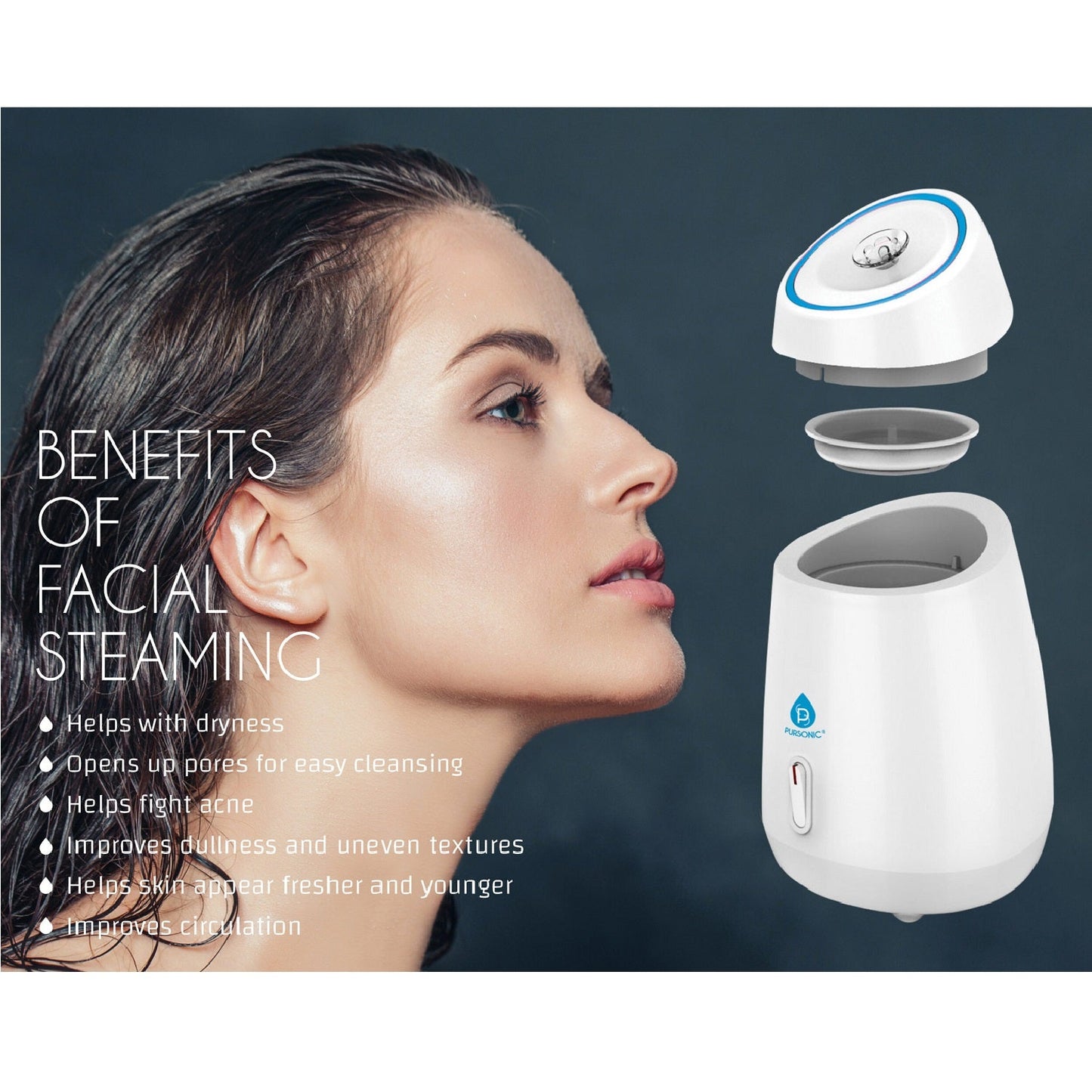 DC-PURSONIC home spa skincare device facial steamer showing parts and benefits for clearer skin