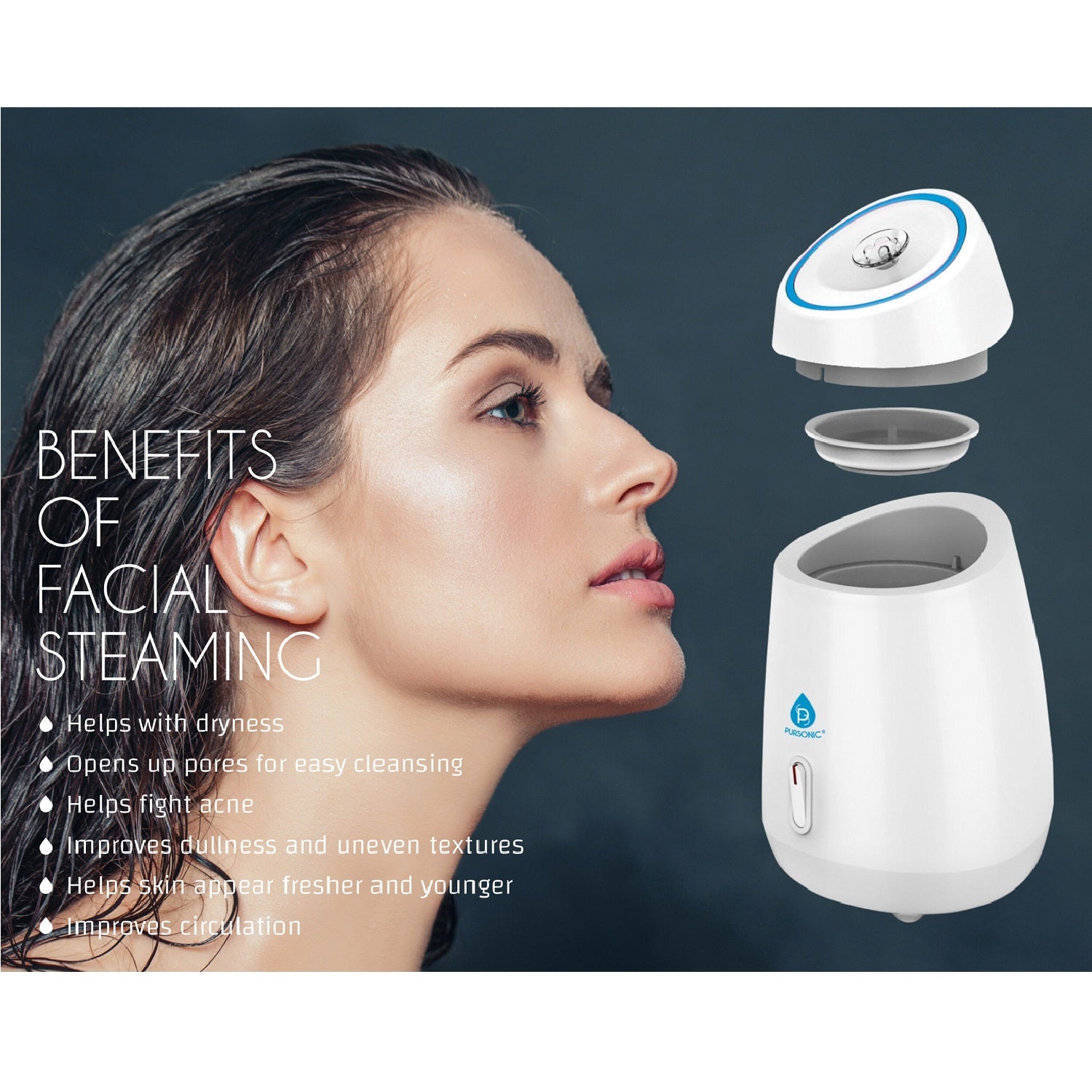 DC-PURSONIC home spa skincare device facial steamer showing parts and benefits for clearer skin