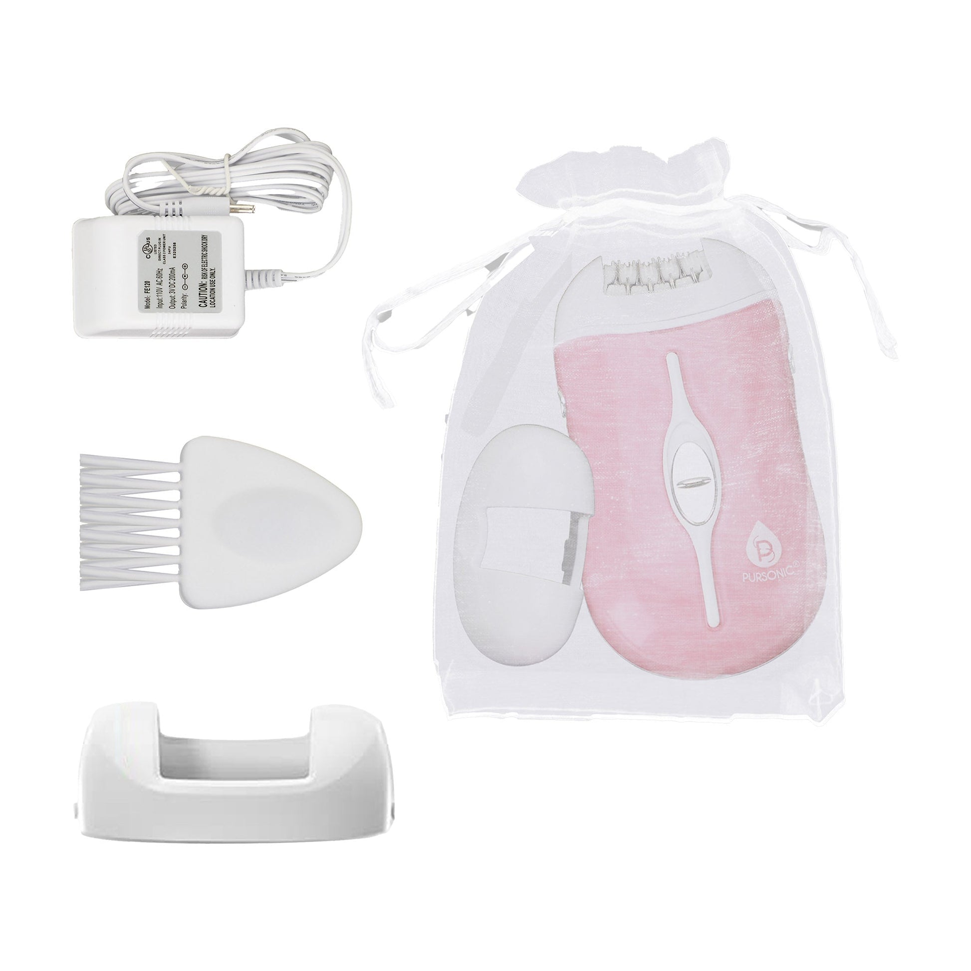 DC-PURSONIC rechargeable epilator for women in pink with charger comb and storage pouch