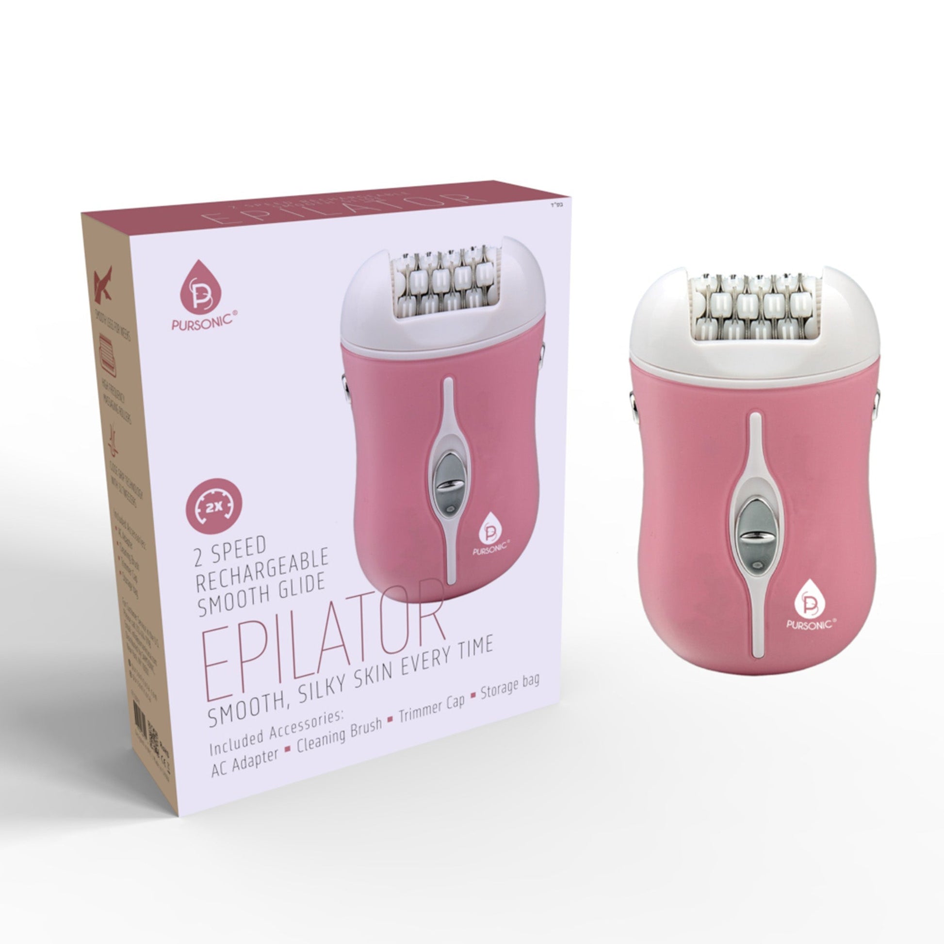 DC-PURSONIC pink rechargeable epilator for women with 2 speed settings and smooth glide feature