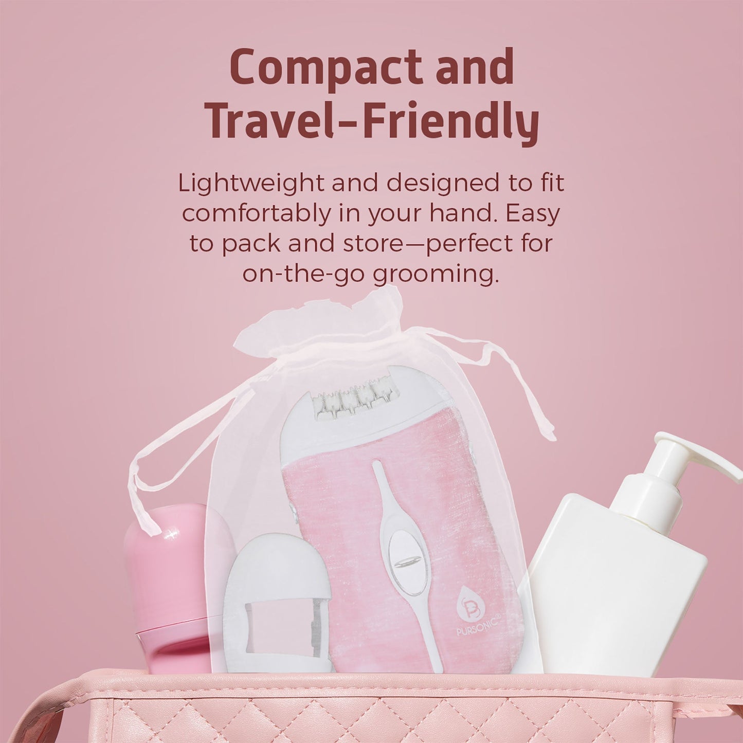 Compact rechargeable epilator for women in pink with travel pouch and beauty accessories for on-the-go grooming
