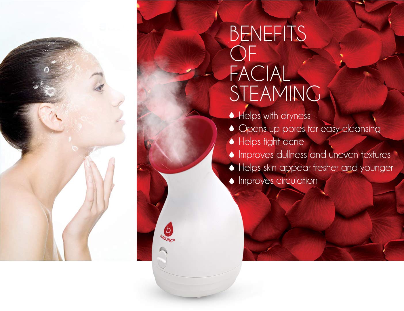 DC-PURSONIC facial steamer with rose petals background for skin rejuvenation for perimenopausal women