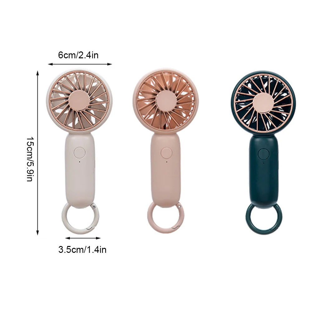 MenoMode rechargeable mini handheld fan in beige, pink, and black with compact design and keyring