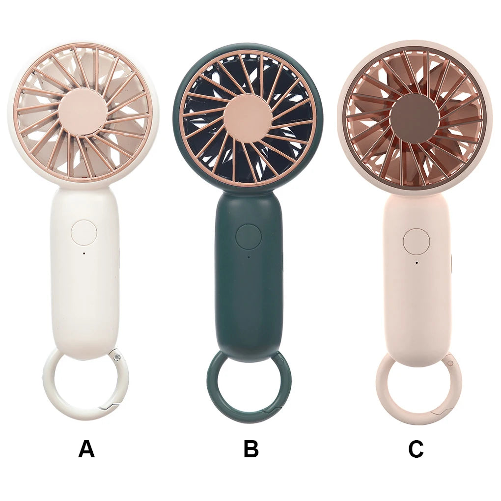 MenoMode rechargeable mini handheld fan in white, dark green, and beige with ring handles