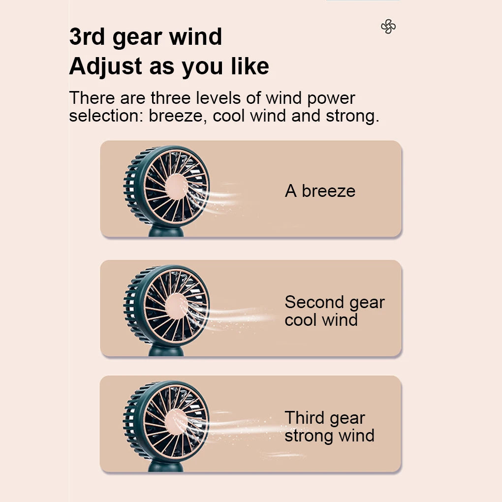 Rechargeable mini handheld fan showing three wind levels breeze, cool wind, and strong wind by MenoMode