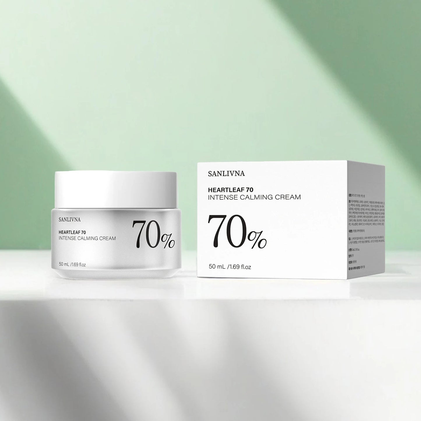 SANLIVNA Heartleaf 70 Intense Calming Cream with 70 percent extract in white jar and box for menopause skincare essentials