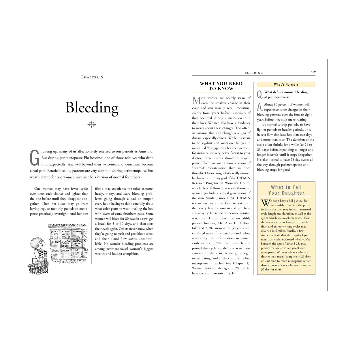 Open menopause guide book by Hachette showing detailed chapters on bleeding and what you need to know