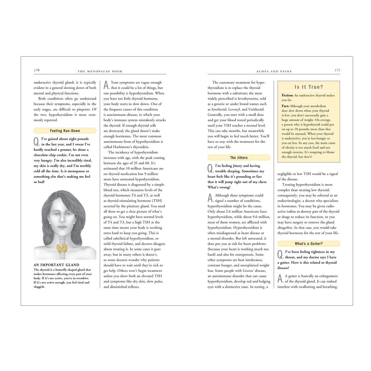 Open menopause guide book by Hachette showing text and tips on symptoms and treatments
