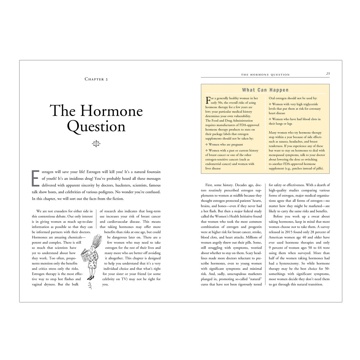 Open menopause guide book showing chapter on The Hormone Question with detailed text and explanations