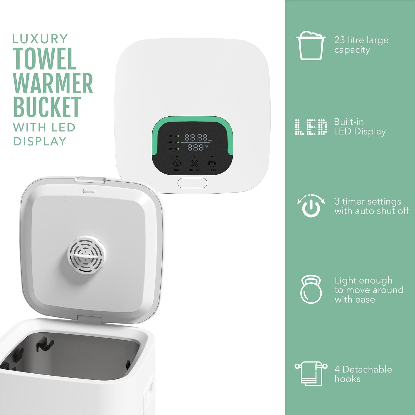 DC-PURSONIC towel warmer for menopause comfort with 23 liter capacity and LED display