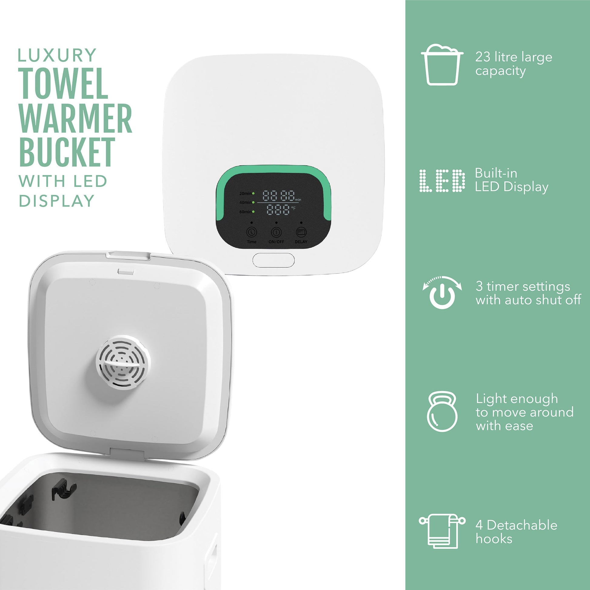 DC-PURSONIC towel warmer for menopause comfort with 23 liter capacity and LED display